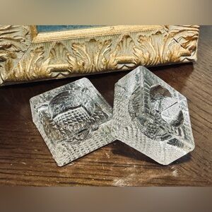 Set Of 2 1940s Art Deco CRYSTAL CUT GLASS salt cellars, Vintage Thick Glass